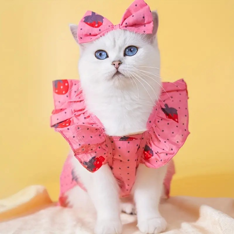 Strawberry Cat Dress - Bow Tie & Ruffle Sleeve, All-Season, Easy-Fit for Small to Medium Cats, Washable Polyester