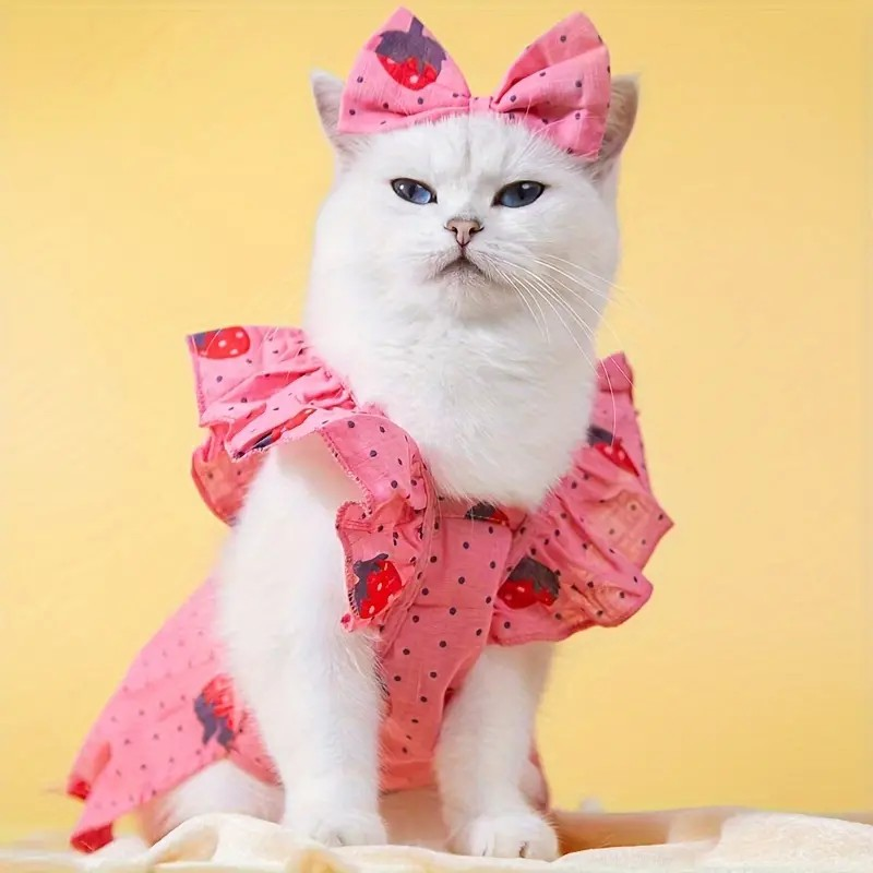 Strawberry Cat Dress - Bow Tie & Ruffle Sleeve, All-Season, Easy-Fit for Small to Medium Cats, Washable Polyester