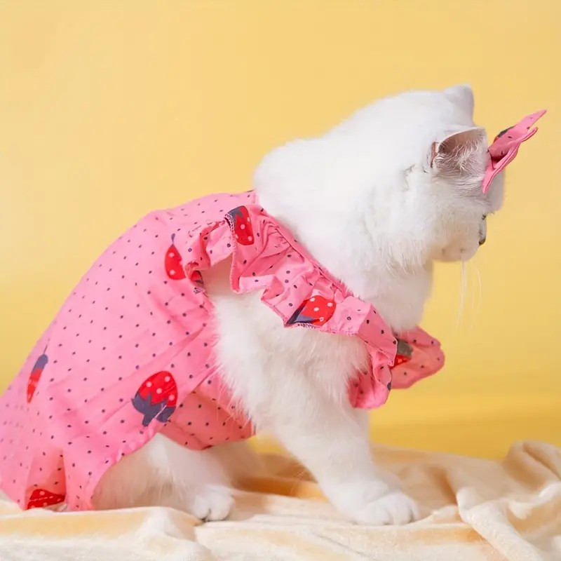 Strawberry Cat Dress - Bow Tie & Ruffle Sleeve, All-Season, Easy-Fit for Small to Medium Cats, Washable Polyester