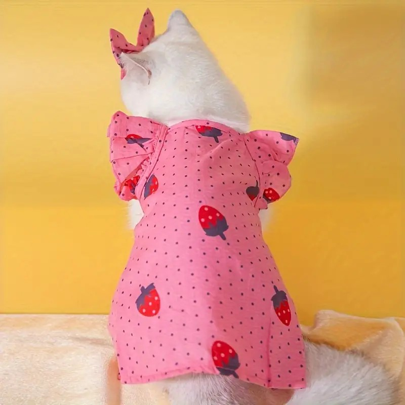 Strawberry Cat Dress - Bow Tie & Ruffle Sleeve, All-Season, Easy-Fit for Small to Medium Cats, Washable Polyester
